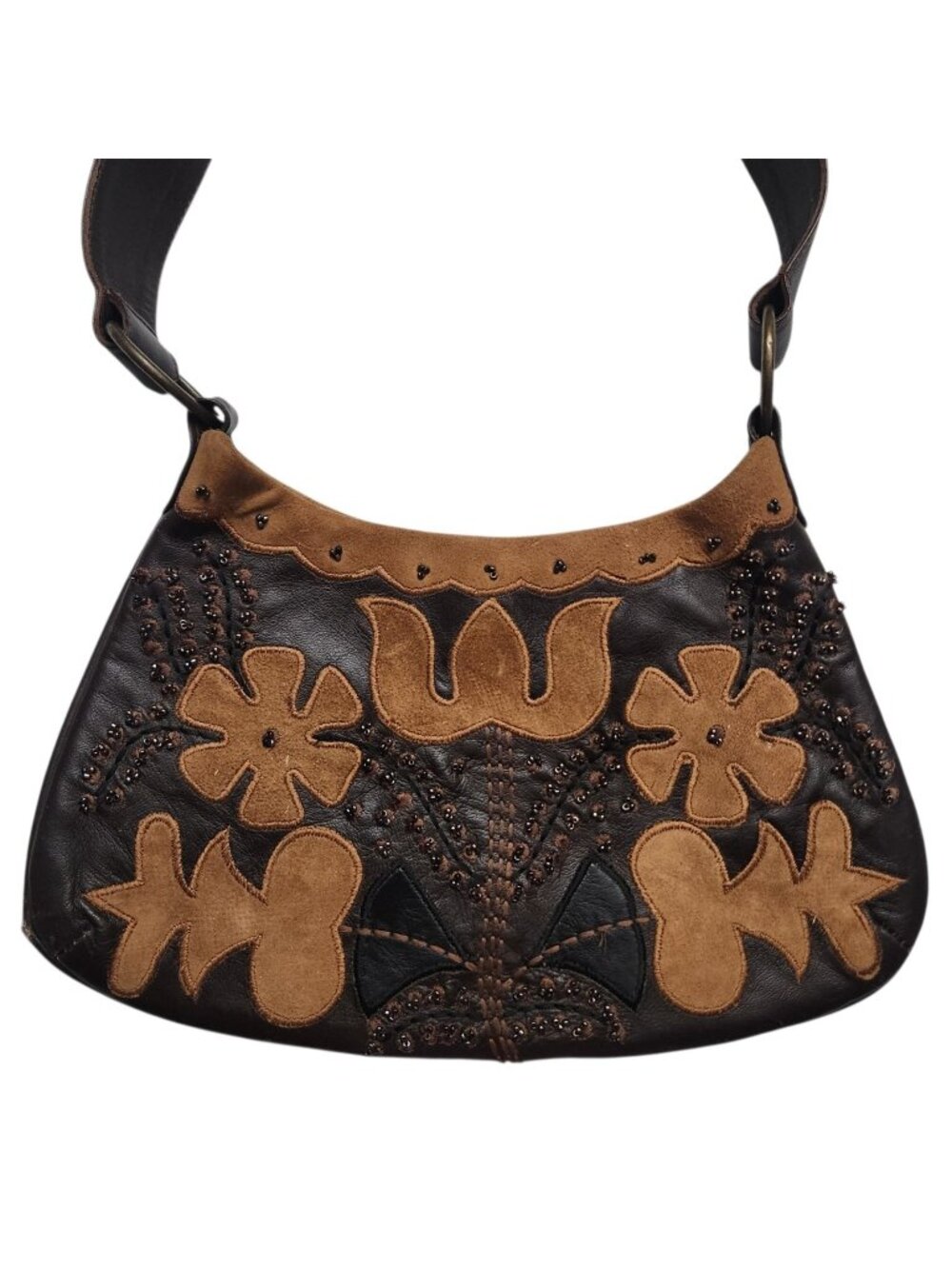 VIntage Y2K Christina Brown Suede Leather Beaded Shoulder Bag